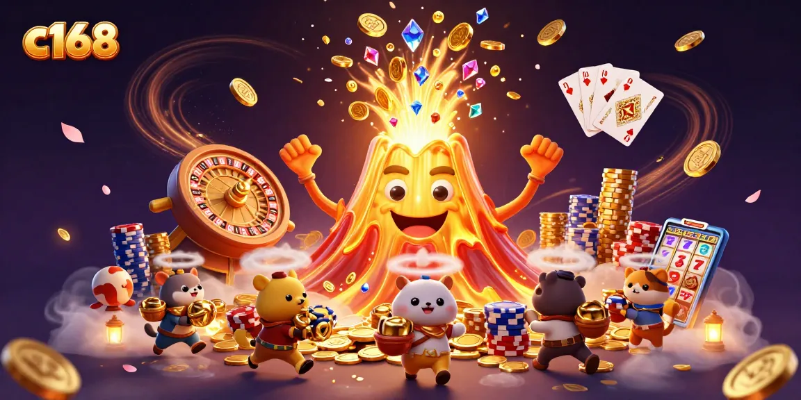 Experience exciting gameplay at c168 with a golden volcano erupting treasure as gamers win big and play responsibly.