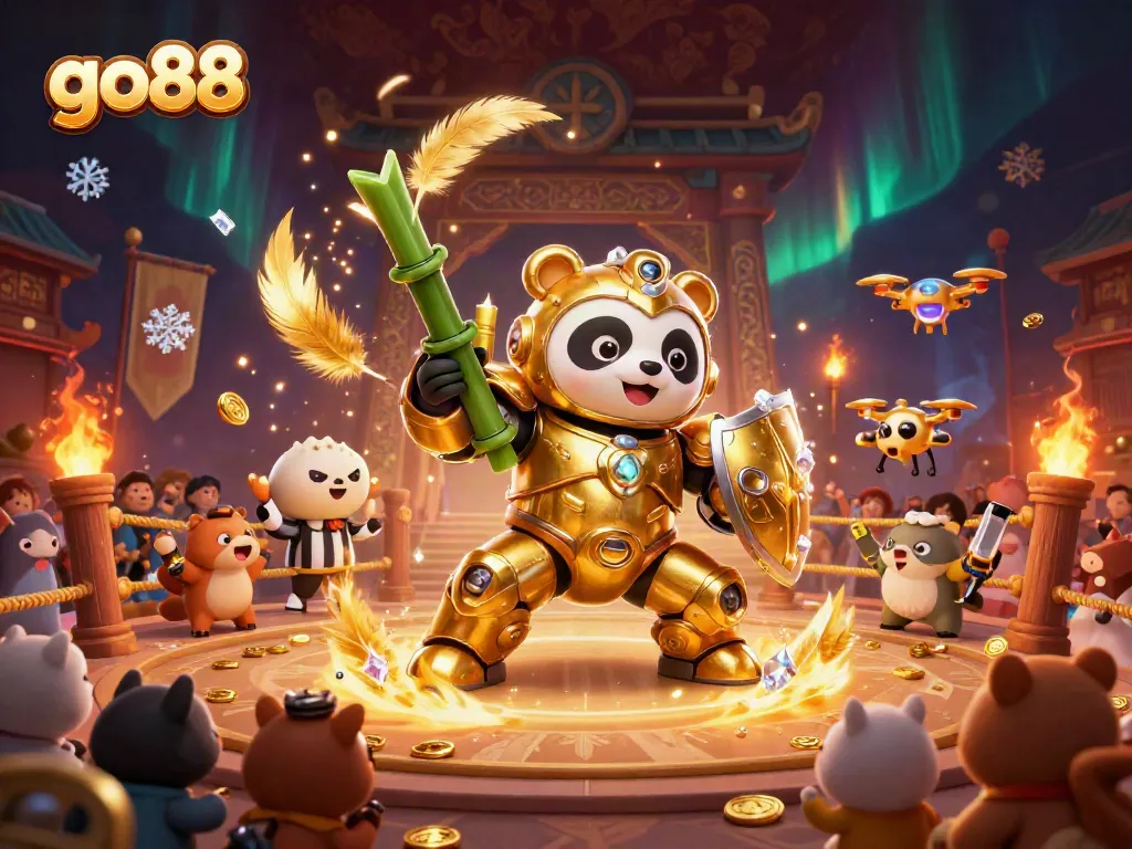 Experience exhilarating battles at go88 with a golden panda in a dynamic mech robot arena.