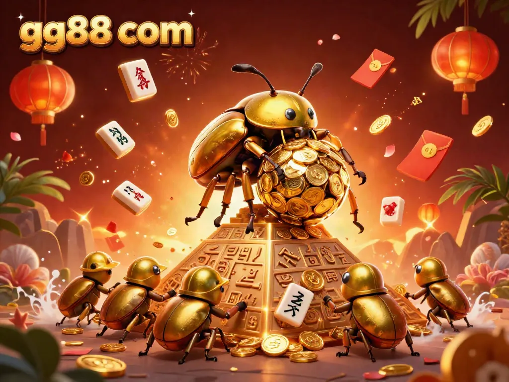 This colorful illustration captures the essence of gg88 com, highlighting a golden dung beetle rolling a treasure ball alongside festive casino elements.