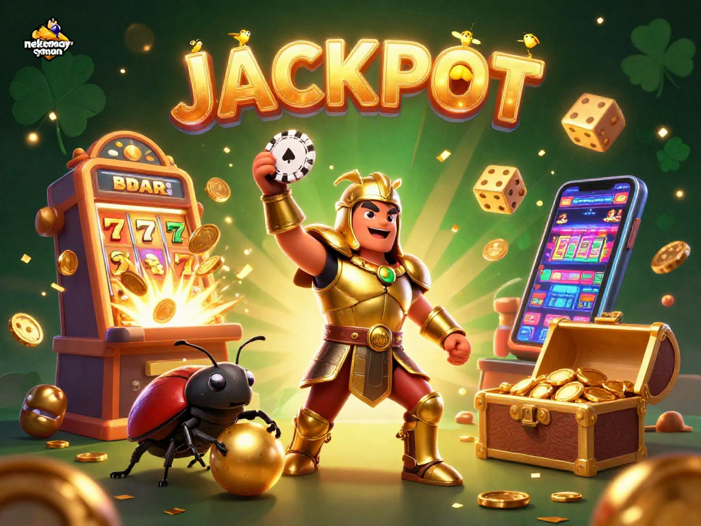 Experience thrilling wins with nekomayman, as cartoon beetles celebrate a jackpot in a vibrant casino scene.