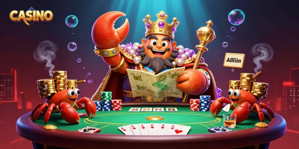 Engage in casino action with a golden crab emperor and poker elements in a vibrant underwater scene.