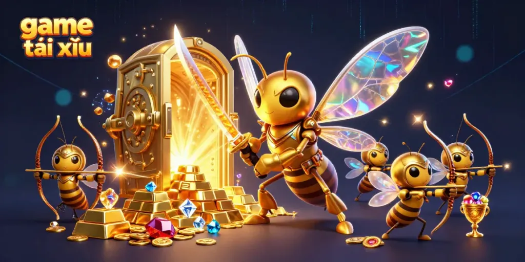 Engaging game tài xỉu scene with a golden hornet samurai and treasure details.