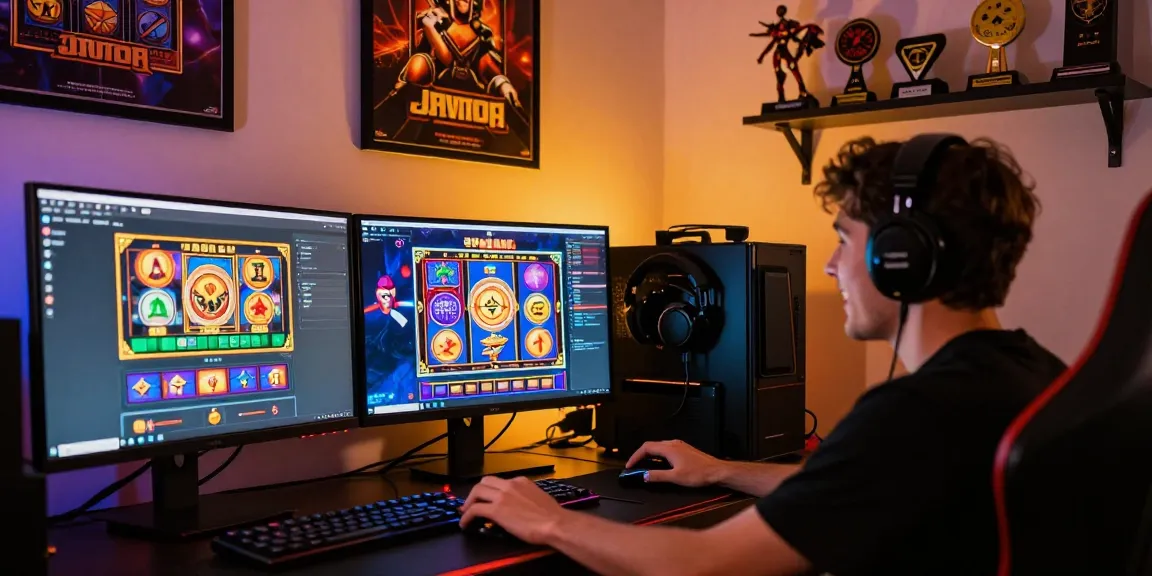 Player enjoying slot games on a computer with vibrant graphics and gaming gear.