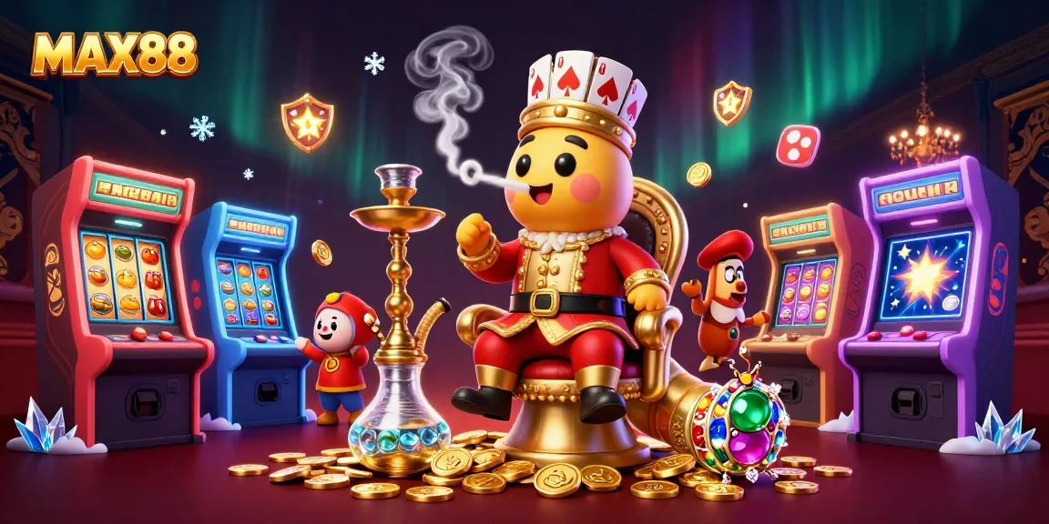 Engage with MAX88 in this vibrant casino setting featuring a caterpillar hookah-master and slot machines.