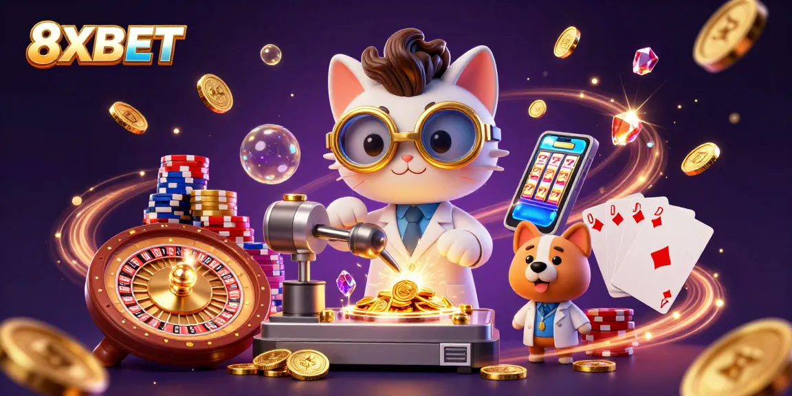 Experience the excitement of 8XBET with a scientist cat and his dog making golden coins amidst dynamic casino elements.