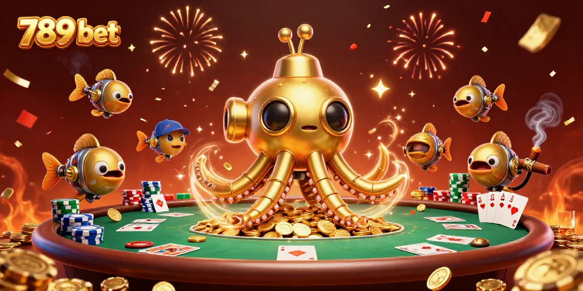 Experience thrilling gameplay at 789 bet with a vibrant scene of poker action and a golden kraken.
