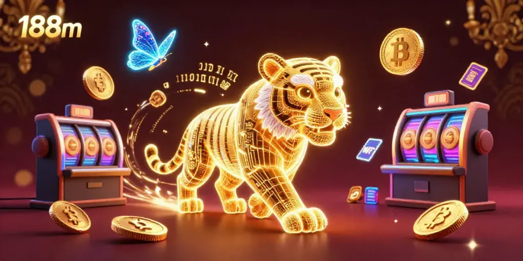 Engage with 188m, where a neon golden tiger and holographic companions explore a vibrant digital casino.