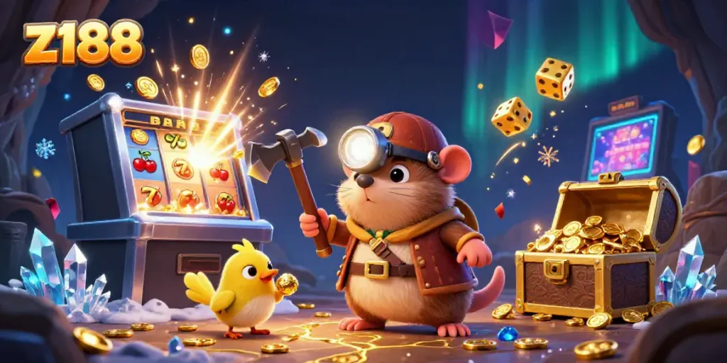 Experience thrilling gameplay at z188 with a cartoon mole and canary winning treasures in a vibrant casino scene.