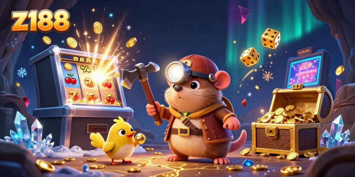 Experience thrilling gameplay at z188 with a cartoon mole and canary winning treasures in a vibrant casino scene.