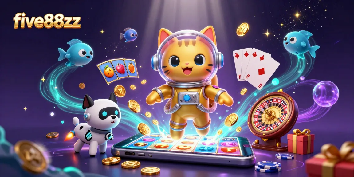 Engage with the thrilling world of five88zz as the astronaut cat discovers colorful slots and games.