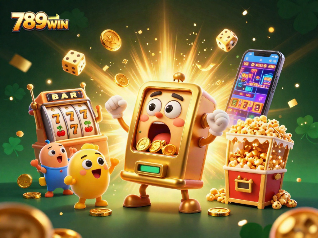 Win big with 789WIN as a golden slot machine celebrates a jackpot amidst coins and cheering machines.