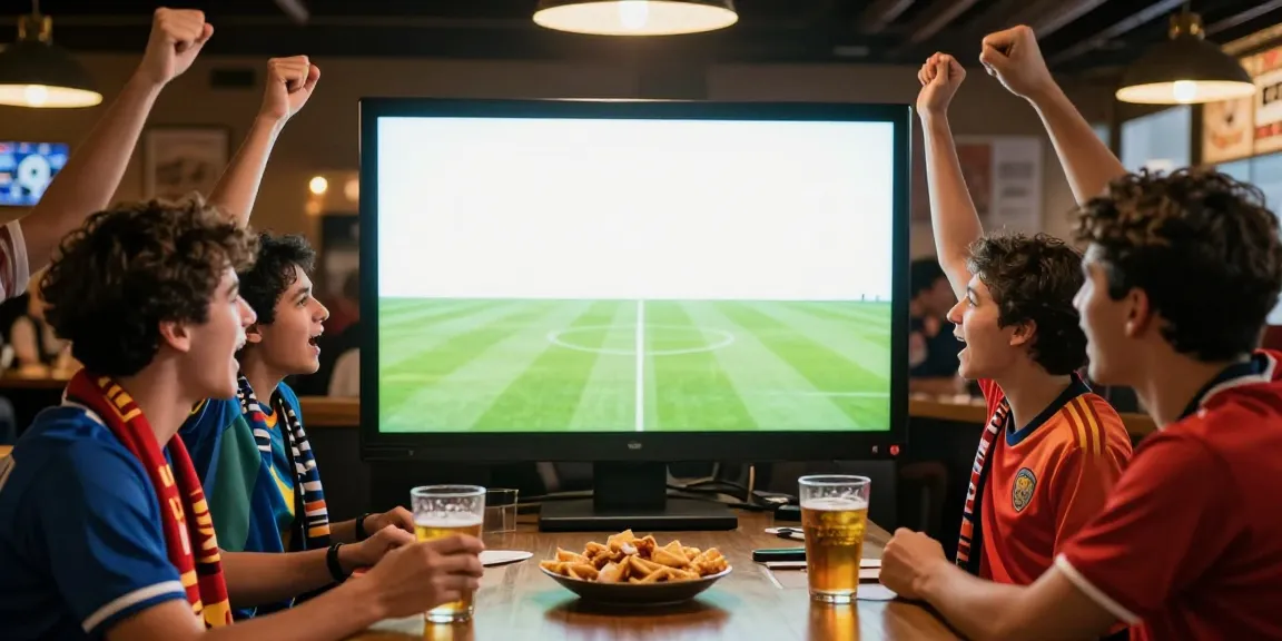 Football fans celebrating a match on Gavangtv at a vibrant sports bar.