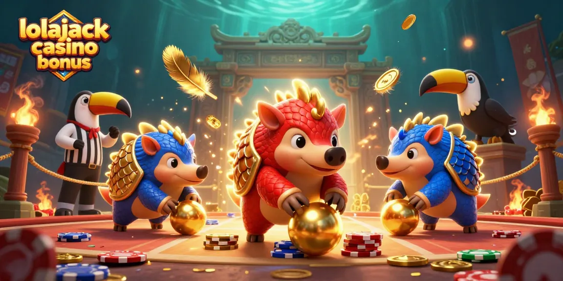 Experience the thrill of the lolajack casino bonus with dynamic pangolins battling in a vibrant 3D casino scene.