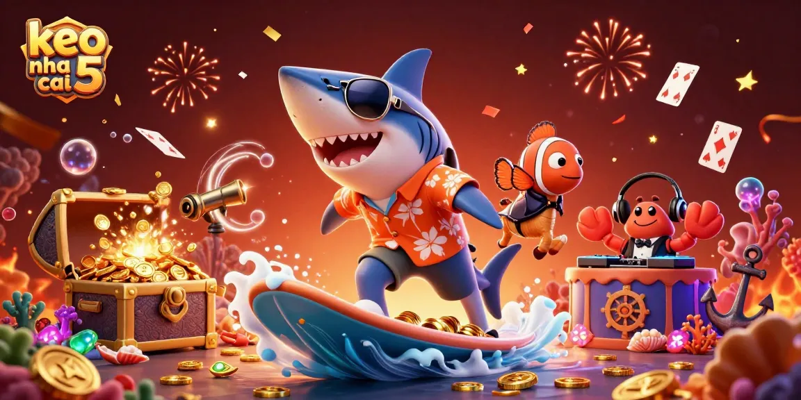 Engage with keo nha cai 5's vibrant gaming scene featuring shark and clownfish characters amidst golden treasures.