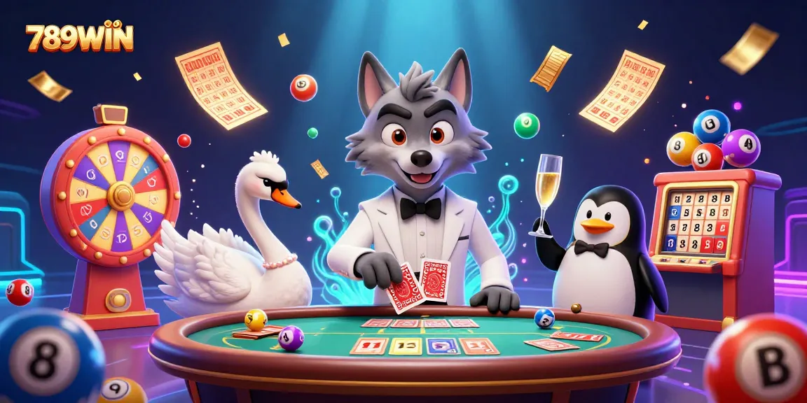 Engage with 789WIN at a vibrant casino scene featuring unique characters and exciting lottery elements.