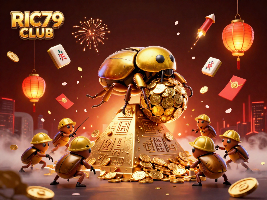 Experience the excitement of RIC79 CLUB with a vibrant 3D casino scene featuring golden beetles and more.