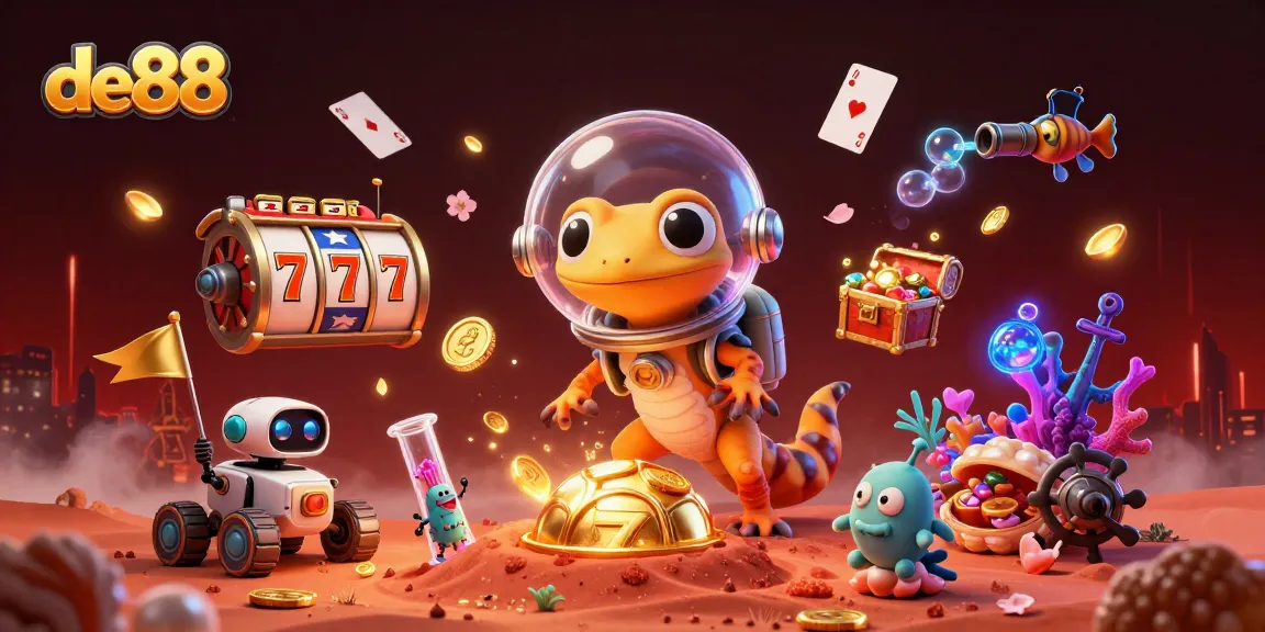 Engage with fun gaming moments at de88, featuring a lively Martian gecko and golden casino!
