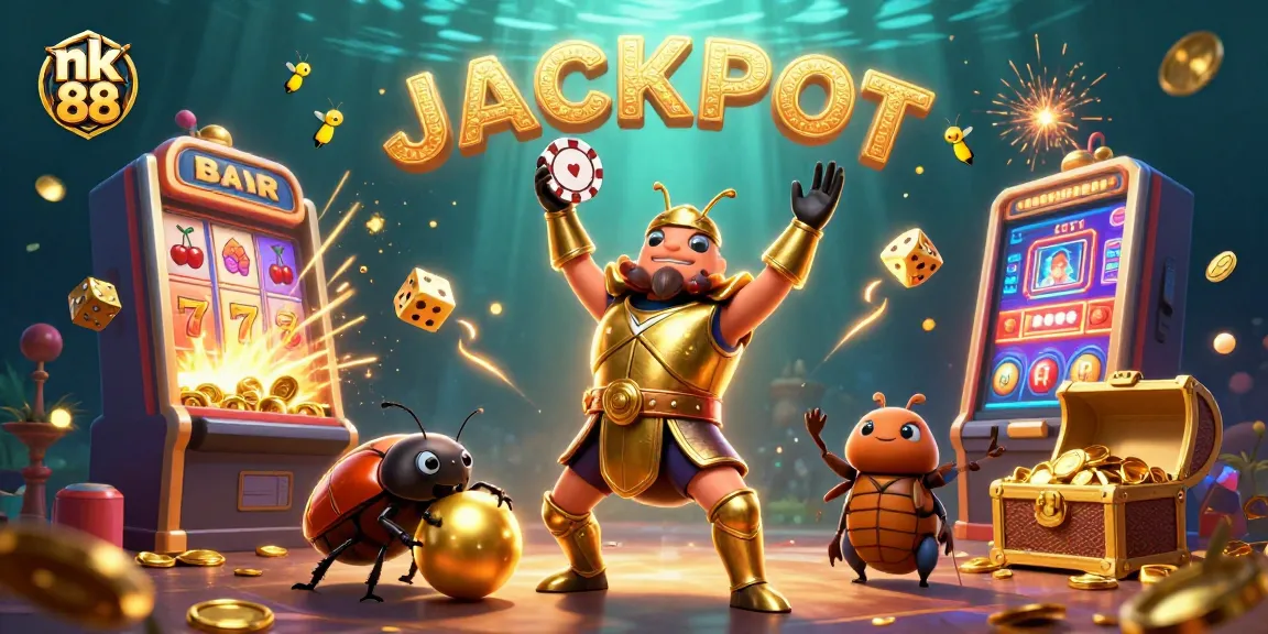 Engage with the thrilling world of nk 88 as celebratory characters create a jackpot atmosphere in this vibrant casino scene.