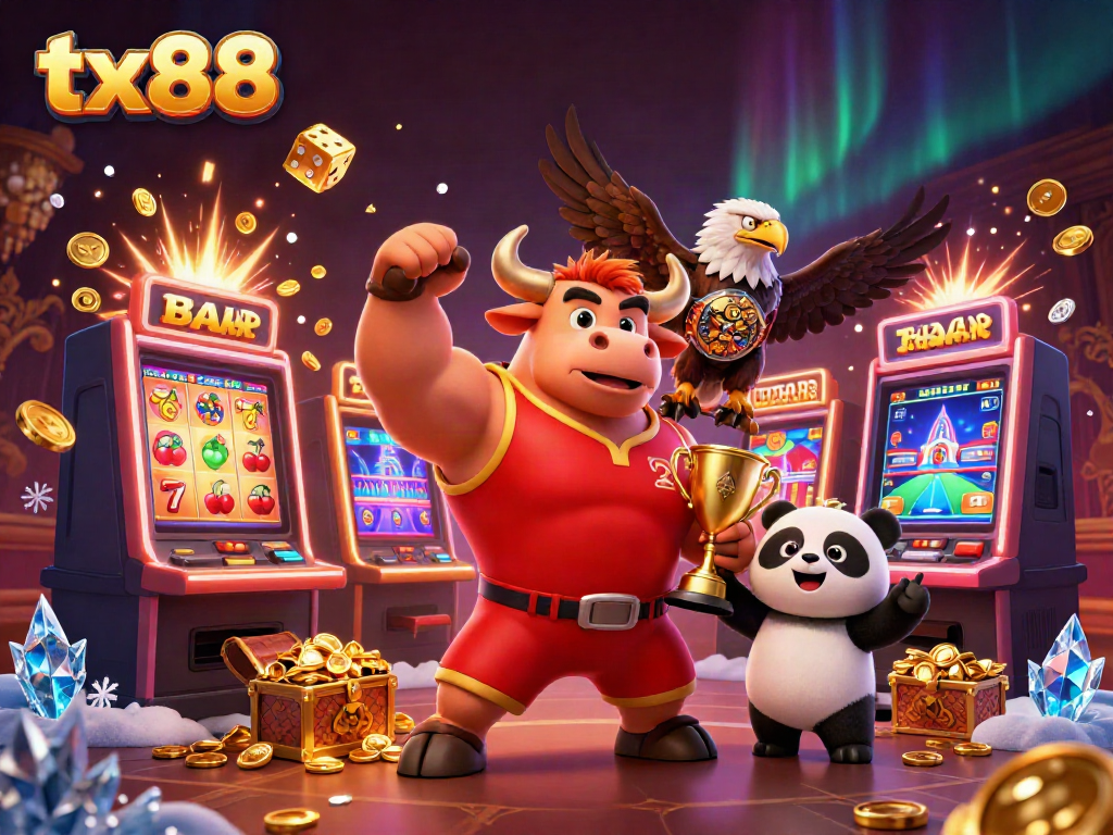 Experience excitement at tx88 with a victory bull mascot, eagles, and treasures in a vibrant casino scene.