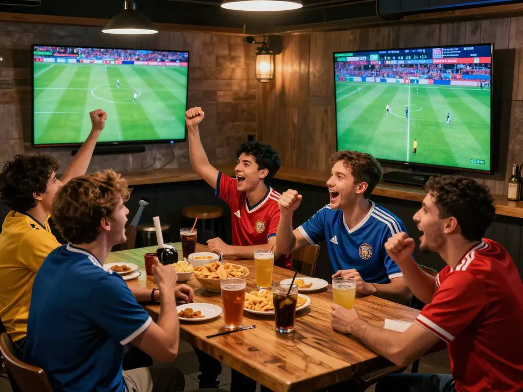 Friends cheering at Socolive during a live soccer match in a vibrant sports bar.