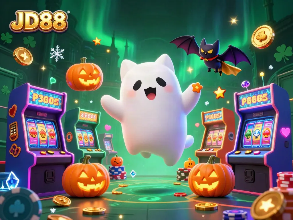 Engage with JD88-themed casino action featuring a playful ghost cat and vampire bat.