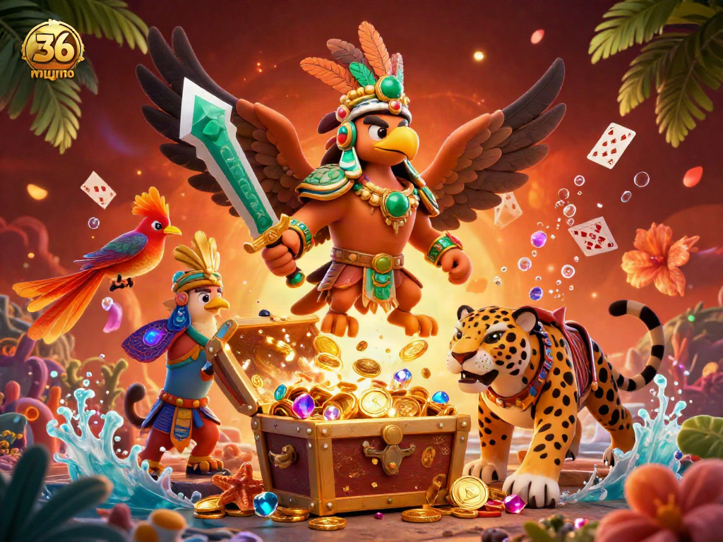 Experience thrilling gameplay at 36win with a vibrant scene showcasing Aztec warriors, treasure, and gaming elements.