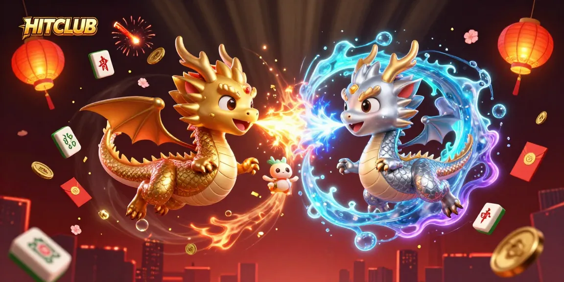 HITCLUB showcases twin dragons in dynamic battle, surrounded by gambling elements like gold coins and lanterns.