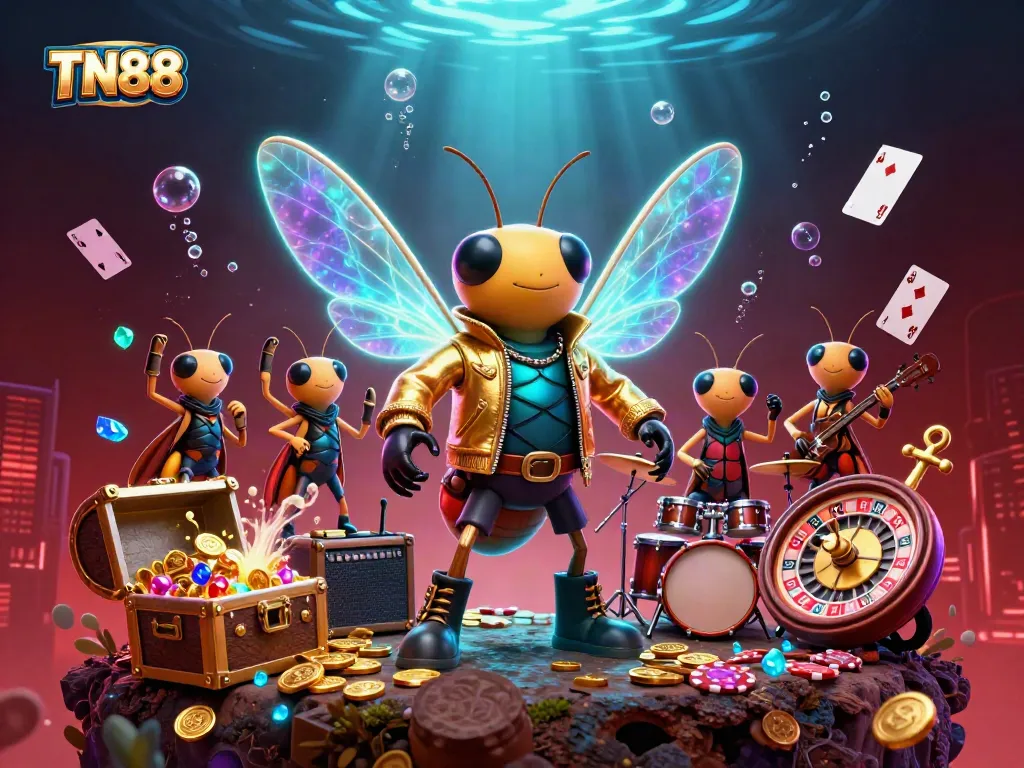 Experience the thrill of gaming in a vibrant TN88 casino scene with a rock star cicada.