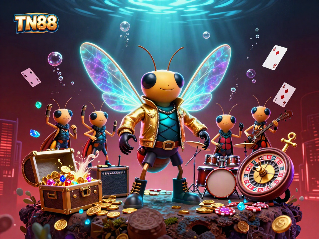 Experience the thrill of gaming in a vibrant TN88 casino scene with a rock star cicada.