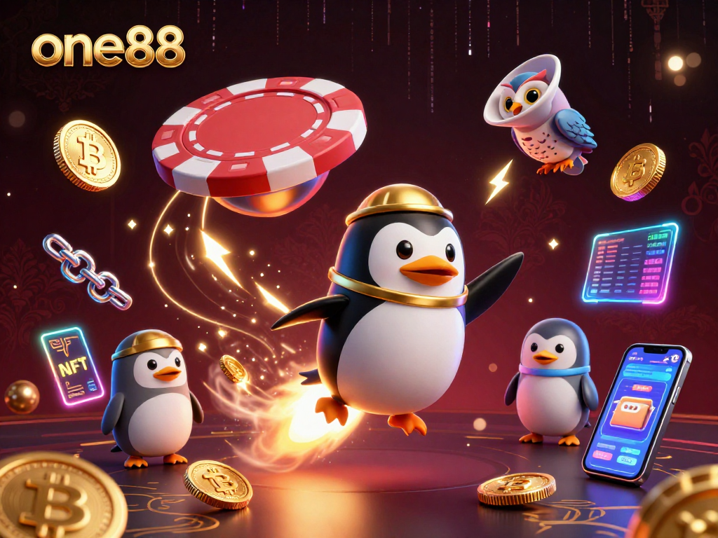 Join the action in one88’s vibrant universe with a golden penguin launching to a poker chip casino station.