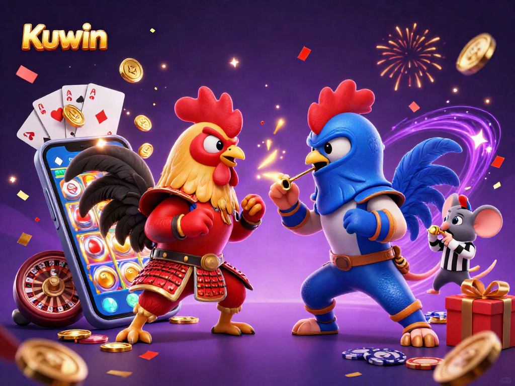 Kuwin showcases fighting roosters in an action-packed casino scene filled with games and excitement.
