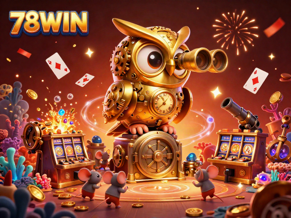 Experience winning at 78WIN with a dynamic casino scene featuring a golden owl and playful mice.
