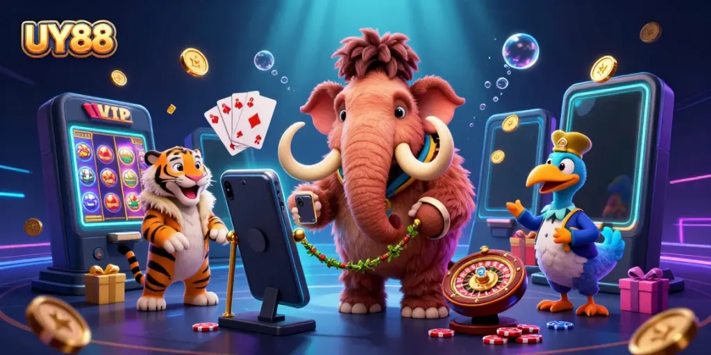 Experience the vibrant entrance of UY88 with a woolly mammoth bouncer and casino action.