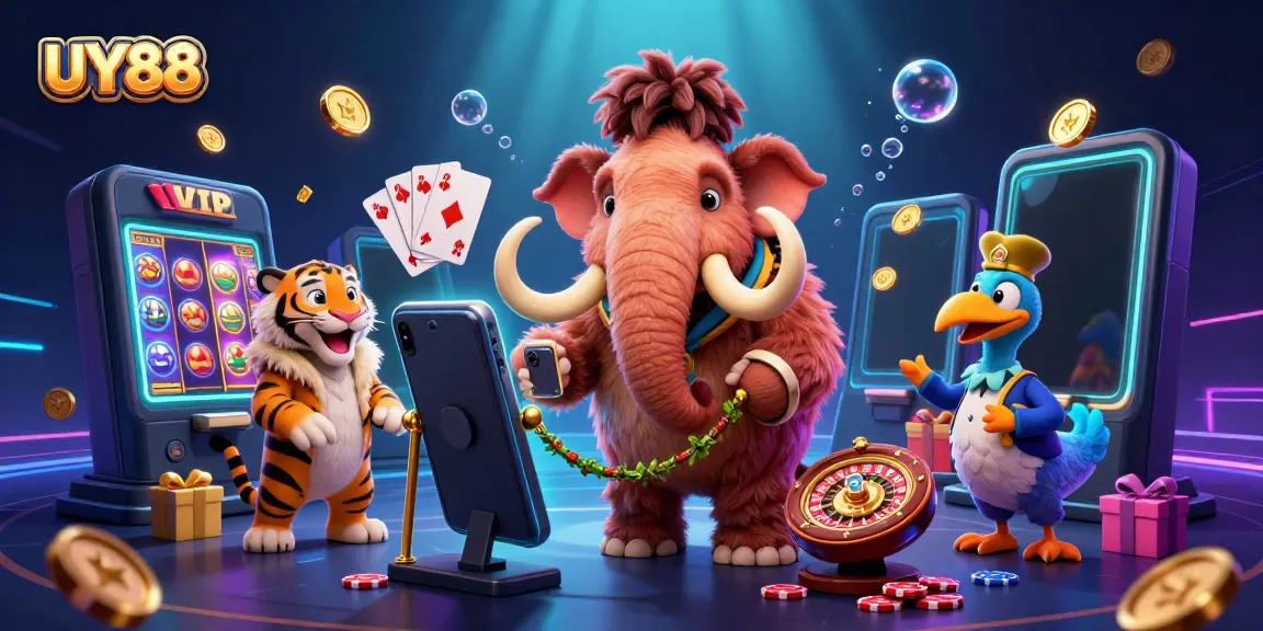 Experience the vibrant entrance of UY88 with a woolly mammoth bouncer and casino action.