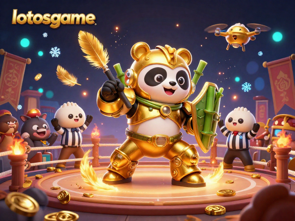 Engage with the vibrant world of lotosgame in this dynamic casino arena featuring a golden panda character.