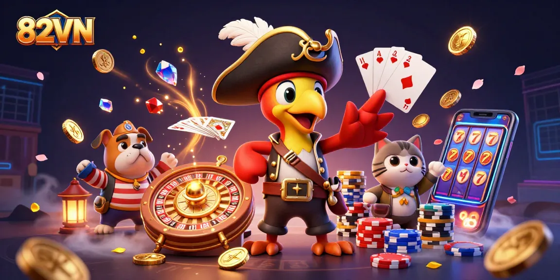 Experience thrilling gaming action at 82VN with colorful characters and dynamic casino elements.