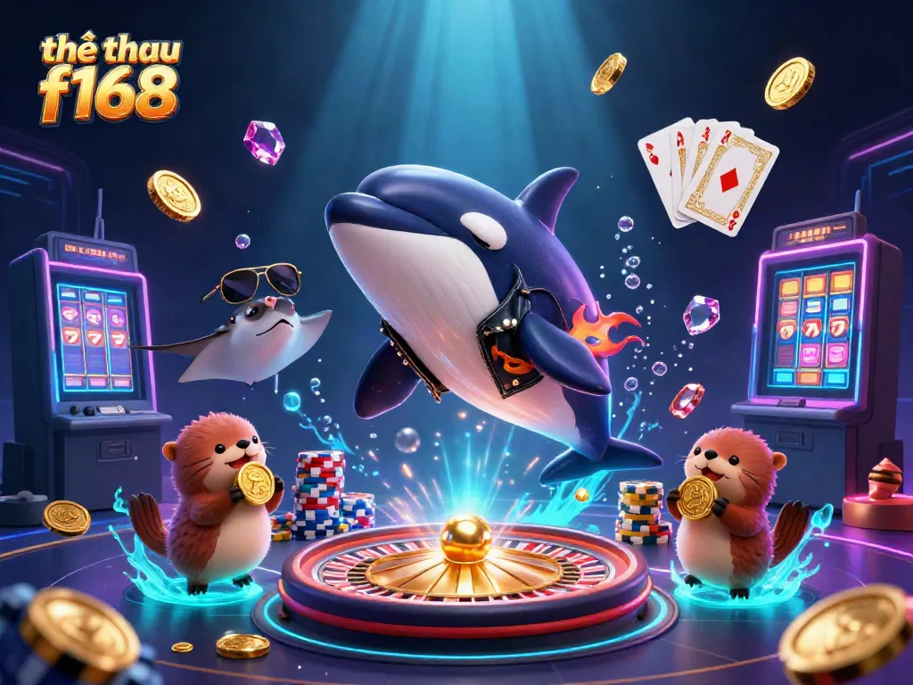 Experience sports betting excitement with thể thao f168 as sea creatures hold golden coins amid vibrant casino elements.