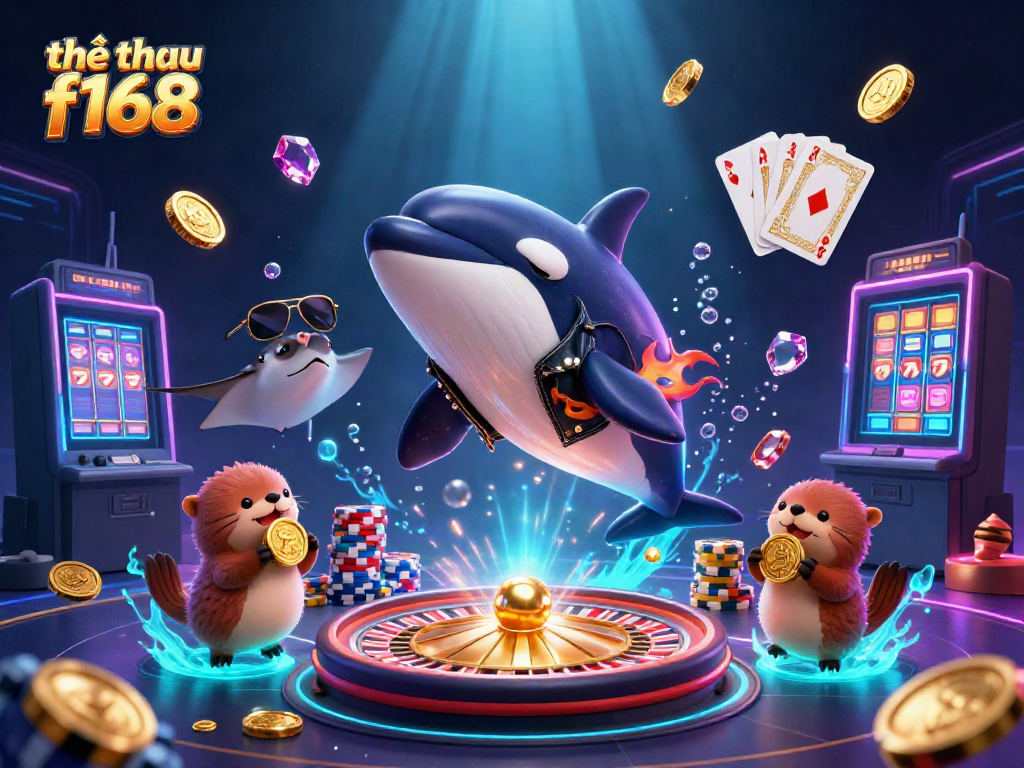 Experience sports betting excitement with thể thao f168 as sea creatures hold golden coins amid vibrant casino elements.