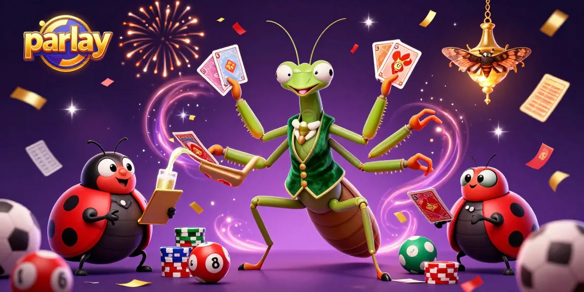 Engage in parlay betting with a vibrant scene featuring a giant praying mantis card sharp amidst colorful sports elements.