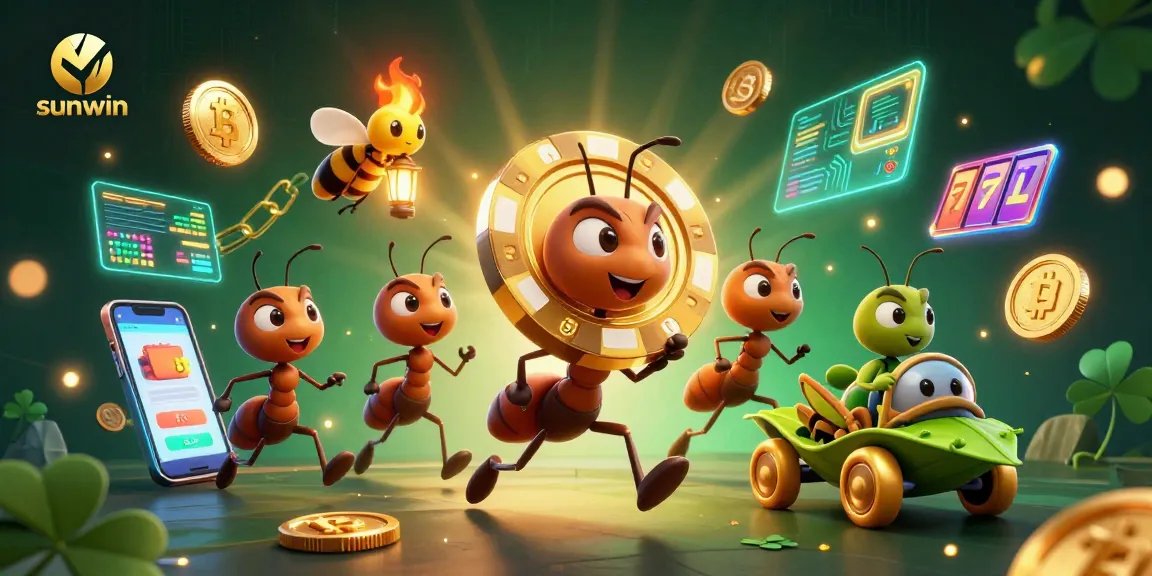 Experience thrilling adventures with sunwin's animated heist of ants escaping with a giant poker chip.