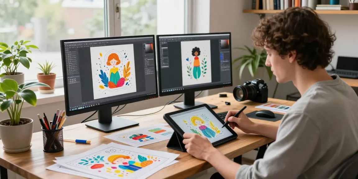 AI slut digital art creation in vibrant studio with artist using tablet to generate illustrations