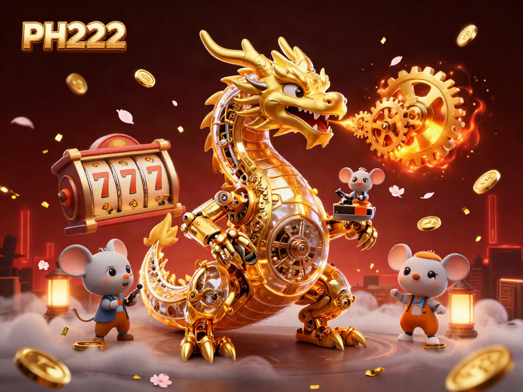 Experience the excitement of PH222 with a golden dragon and slot reels amidst enchanting elements.