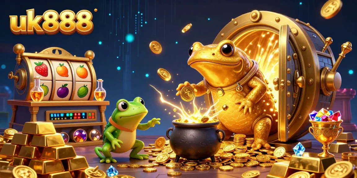 Experience uk888's vibrant casino world with dynamic slot elements and golden treasures.