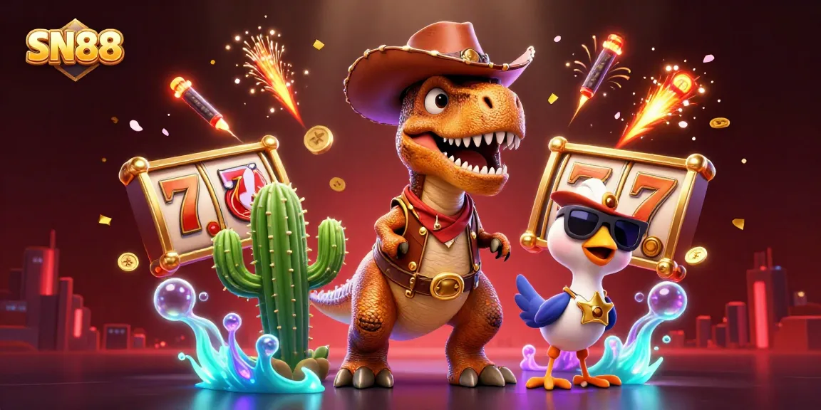 SN88 players win big with vibrant slot games and jackpots featuring T-Rex and cowboy characters.