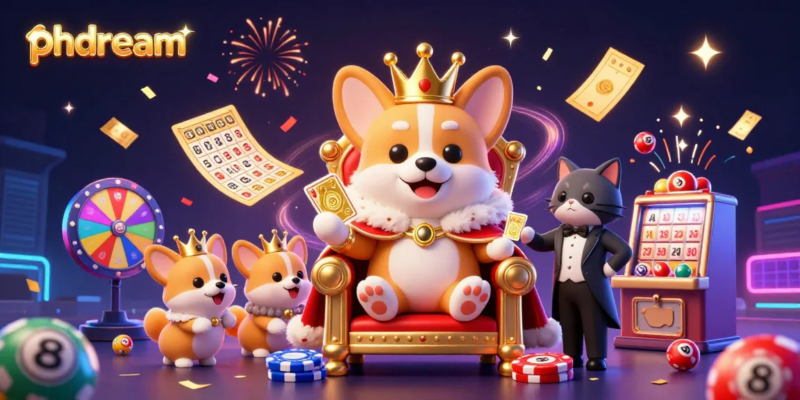 Experience the thrill of playing phdream with colorful lottery balls and a regal corgi on a dynamic casino throne.