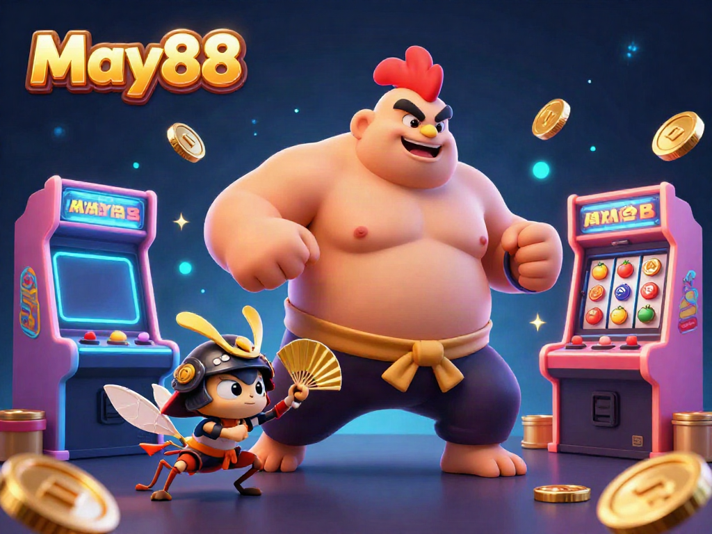 Experience thrilling gameplay at May88 with a powerful sumo wrestler rooster and vibrant casino elements.