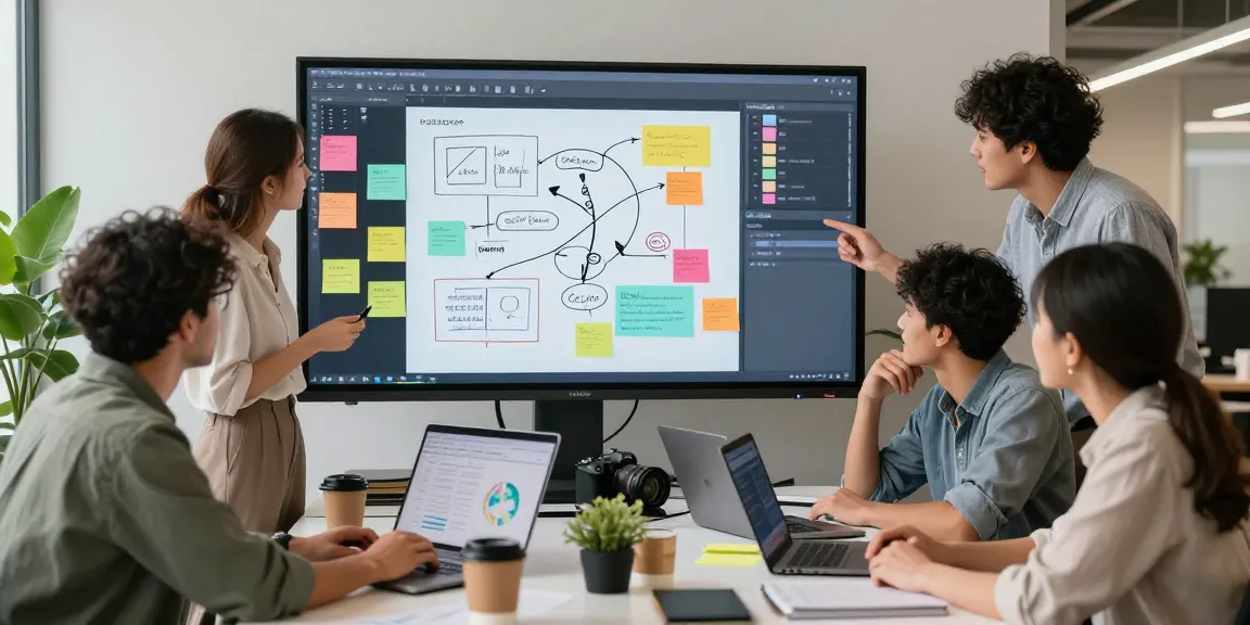 Group using a digital mix board for collaborative brainstorming in a modern workspace.