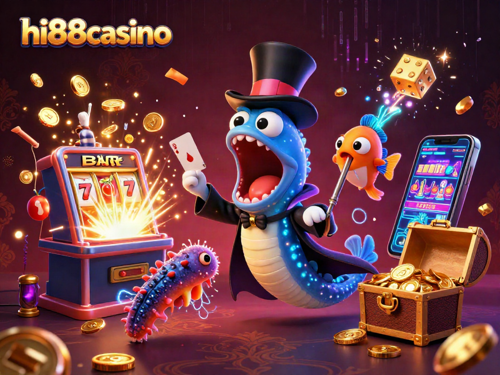 Experience the thrilling magic of hi88casino with captivating 3D characters performing dazzling card tricks amidst a jackpot scene.