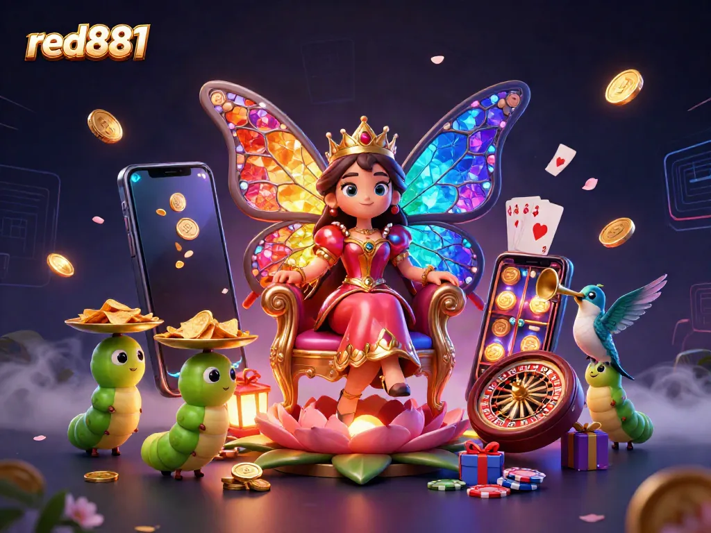 Exciting gameplay at red881 with a vibrant butterfly queen and casino elements in 3D