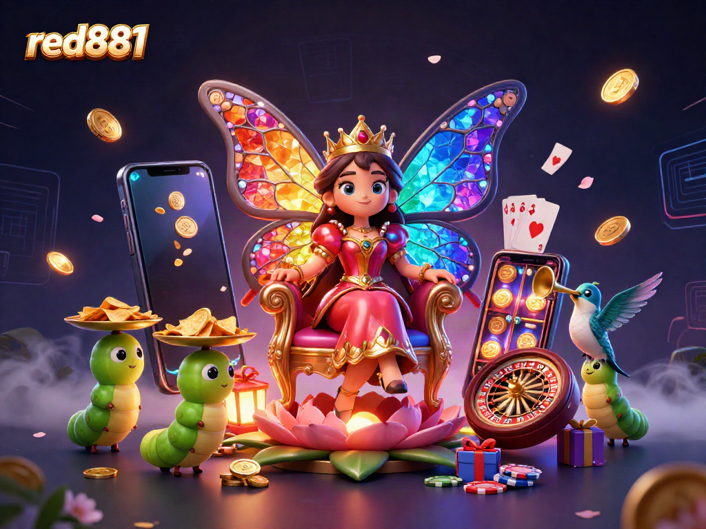 Exciting gameplay at red881 with a vibrant butterfly queen and casino elements in 3D